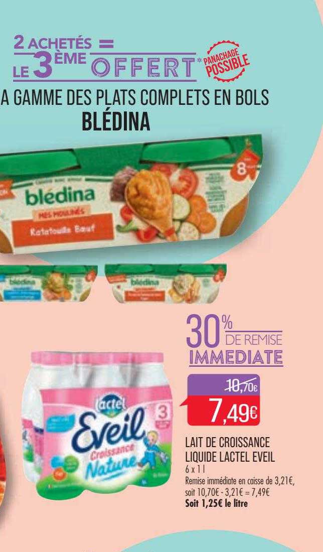 la gamme des plats complets en bols blédina, lait de croissance liquide lactel éveil