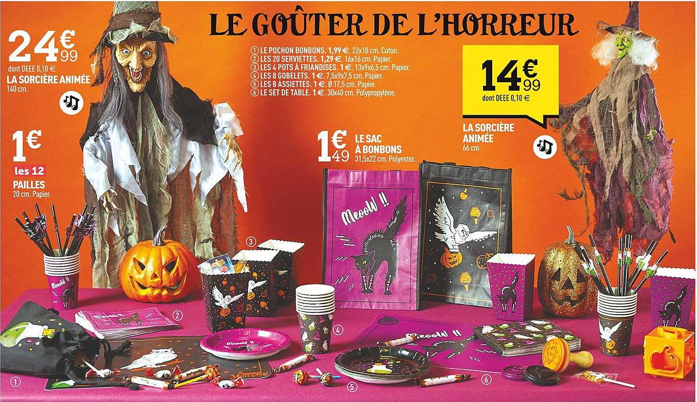 la sorcière animée, pailles, le sac à bonbons, la sircière animé, le pochon bonbons, les 20 serviettes, les 4 pots à friandises, les 8 gobelets, les 8 assiettes, le set de table