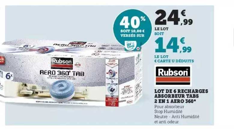 lot de 6 recharges absorbeur tabs 2 en 1 aero 360° rubson