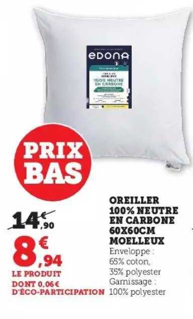 oreiller 100% neutre en carbone 60x60 cm moelleux edona