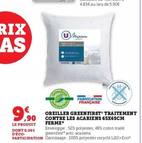 oreiller green first traitement contre les acariens 65x65 cm ferme u maison