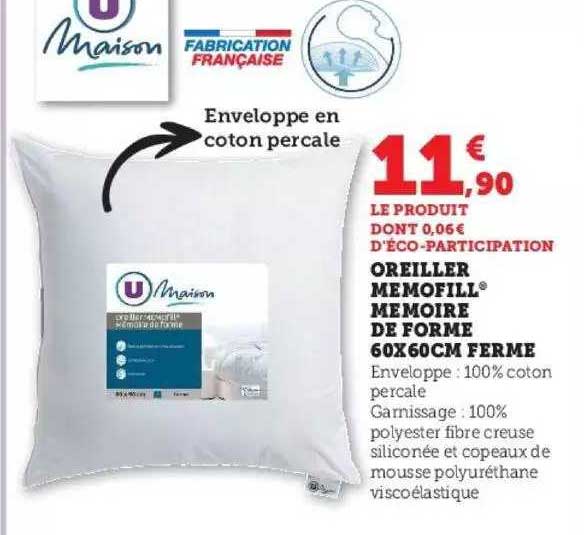 oreiller mémofill mémoire de forme 60x60 cm ferme u maison