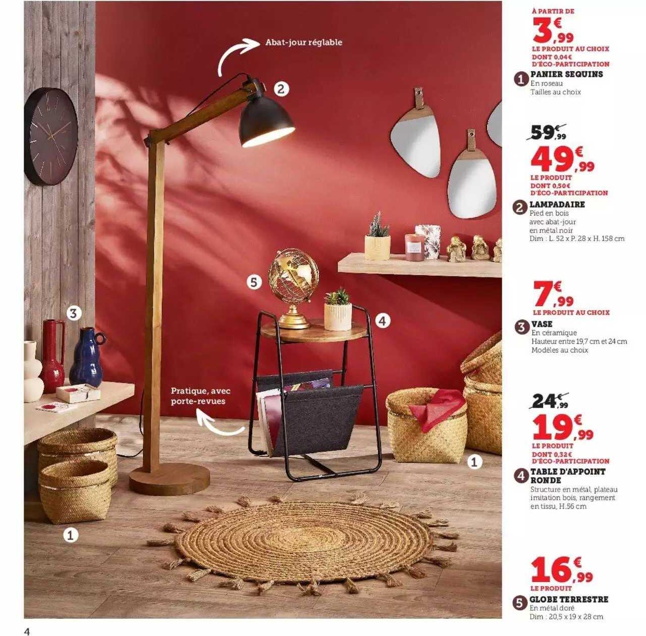 panier sequins, lampadaire, vase, table d'appoint ronde, globe terrestre