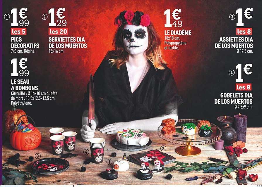 pics décoratifs, le seau à bonbons, serviettes dia de los muertos, le diadème, assiettes dia de los muertos, gobelets dia de los muertos
