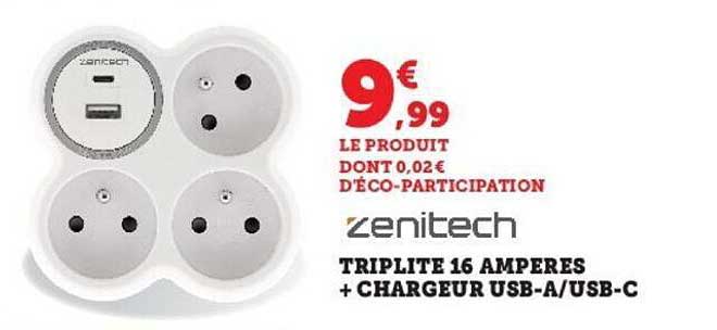 triplite 16 ampères + chargeur usb-a-usb-c zenitech