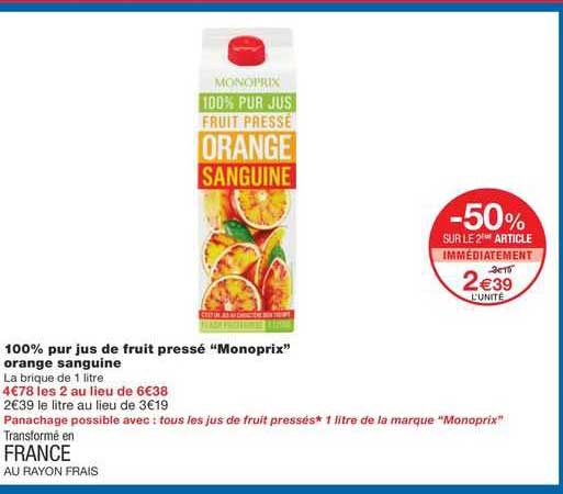 100% pur jus de fruit pressé "monoprix" orange sanguine