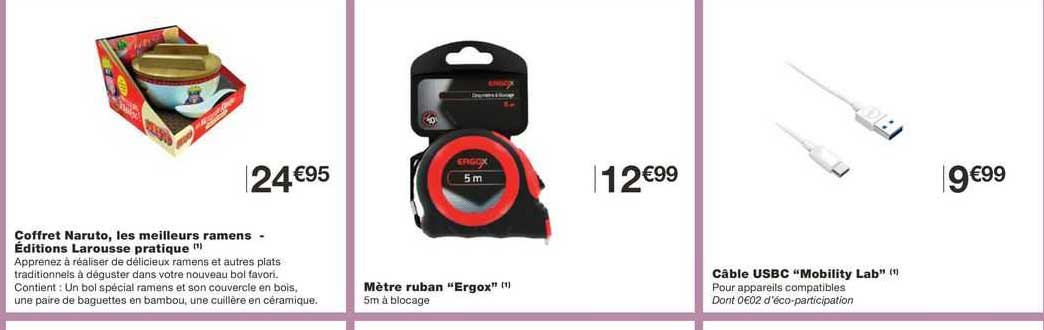 coffret naruto, les meilleurs ramens - éditions larousse pratique, mètre ruban "ergox", câble usbc "mobility lab"