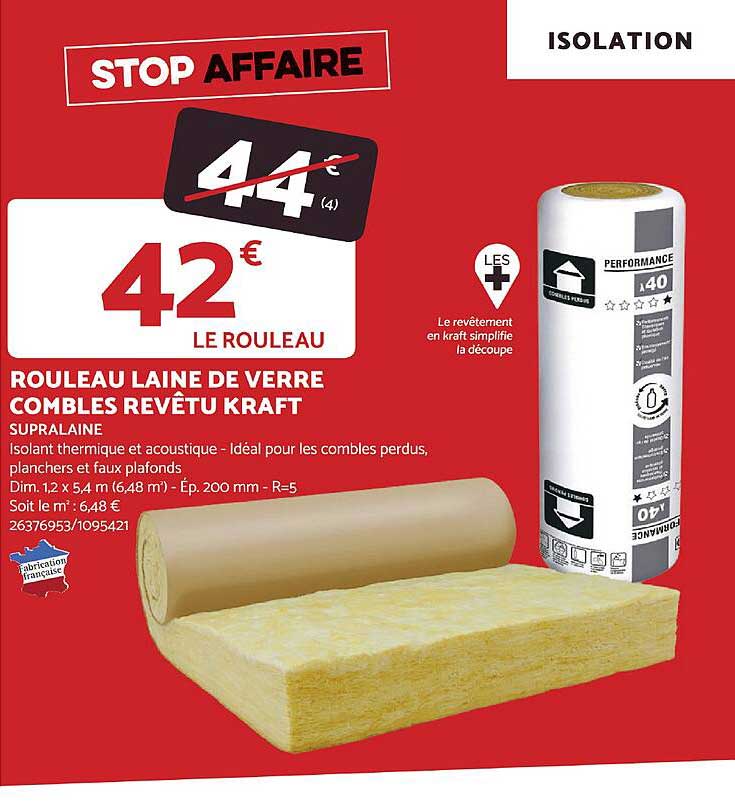 rouleau laine de verre combles revêtu kraft