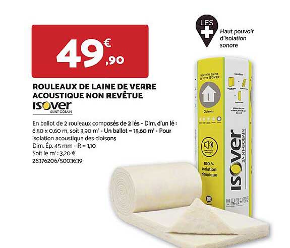 rouleaux de laine de verre acoustique non revêtue isover