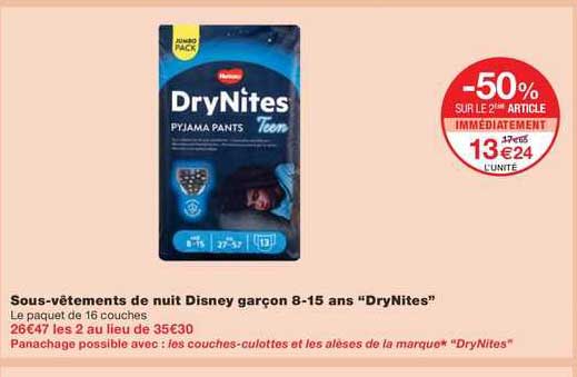sous-vêtements de nuit disney garçon 8-15 ans "dryNites"