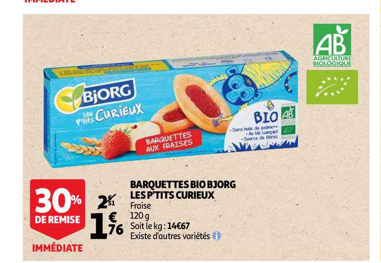 barquettes bio bjorg les p'tits curieux 30% de remise immédiate