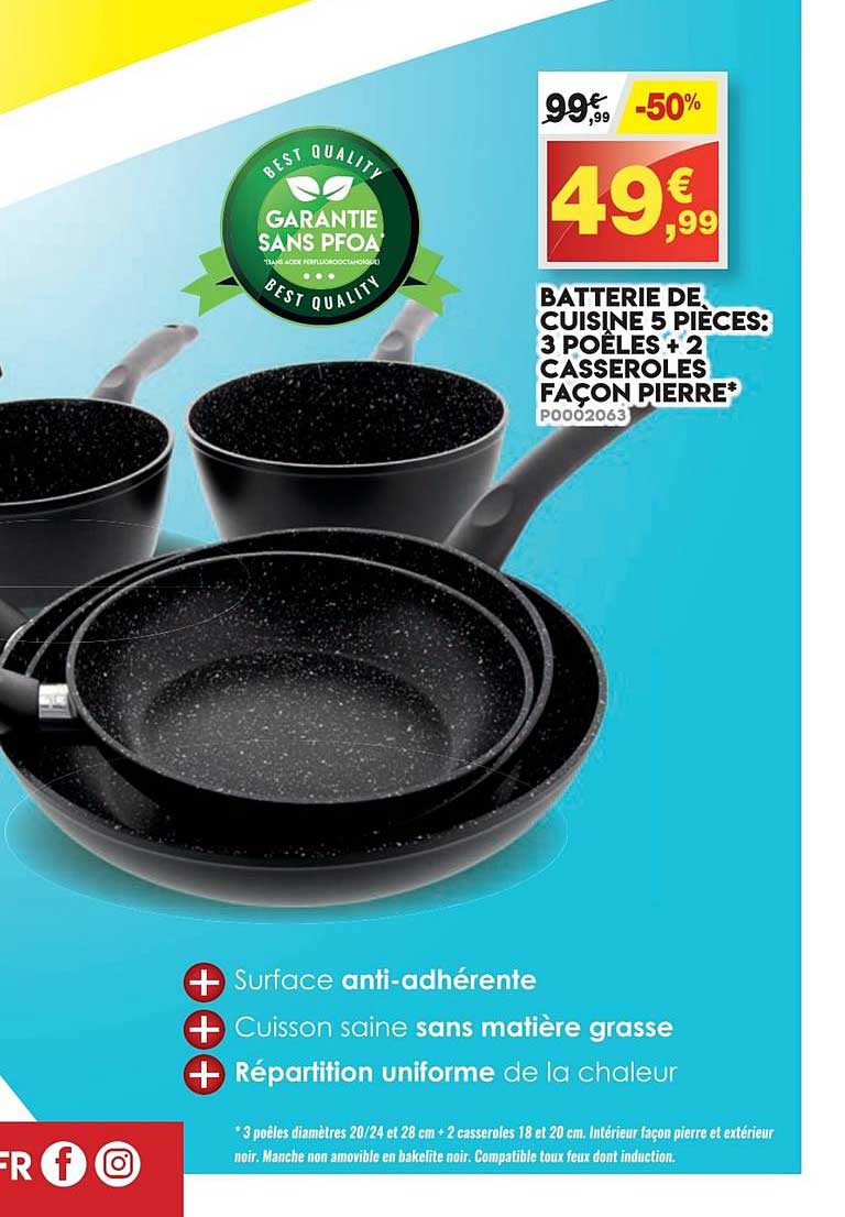 batterie de cuisine 5 pièces 3 pôeles + 2 casseroles façon pierre