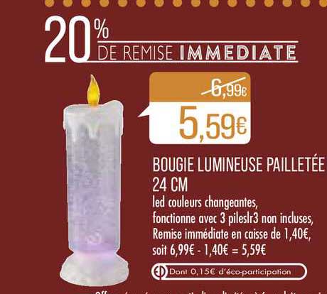 bougie lumineuse pailletée 24 cm 20% de remise immédiate