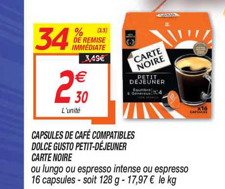 capsules de café compatibles dolce gusto petit déjeuner carte noire 34% de remise immédiate