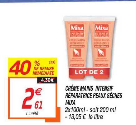 crème mains intensif réparatrice peaux sèches mixa 40% de remise immédiate