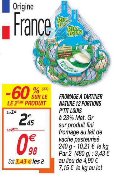 fromage à tartiner nature 12 portions p'tit louis -60% sur le 2ème produit