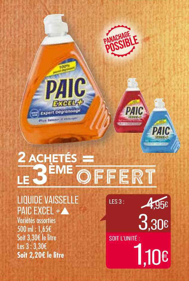 liquide vaisselle paic excel + 2 achetés = le 3ème offert