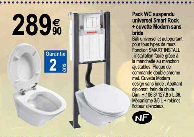pack wc suspendu universel smart rock + cuvette modern sans bride