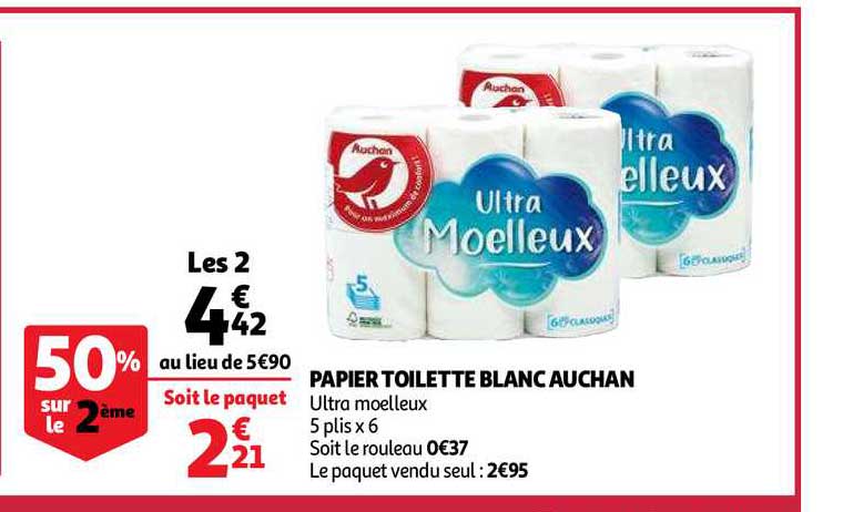 Papier Toilette Blanc Ultra Moelleux Auchan 50% Sur Le 2ème