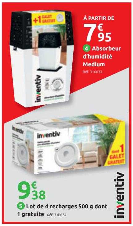 absorbeur d'humidité medium, lot de 4 recharges 500 g dont 1 gratuite inventiv