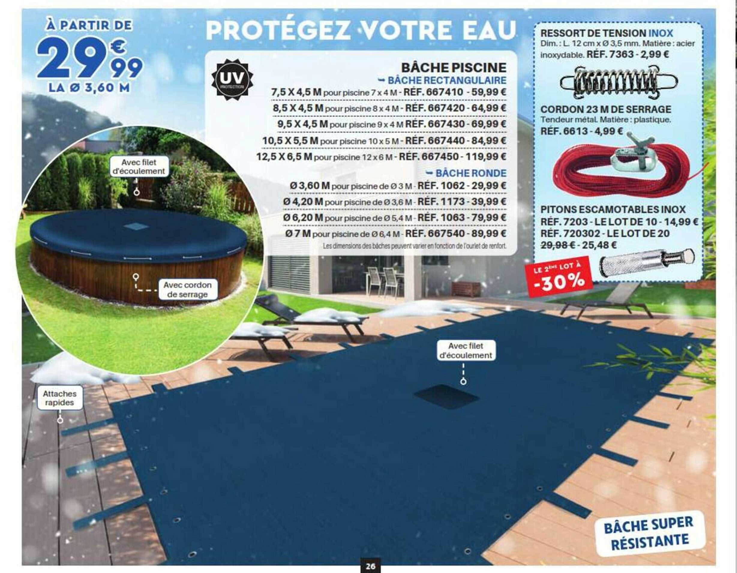 bâche piscine, ressort de tension inox, cordon 23 m de serrage, pitons escamotables inox