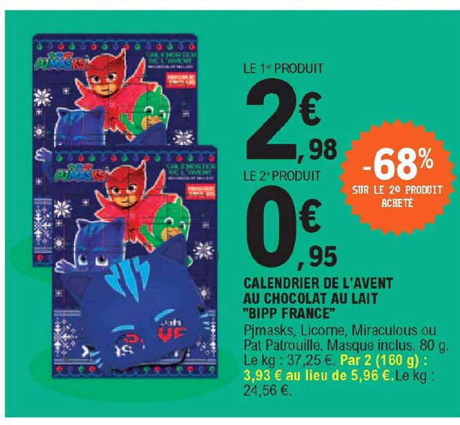 calendrier de l'avent au chocolat au lait "bipp france"