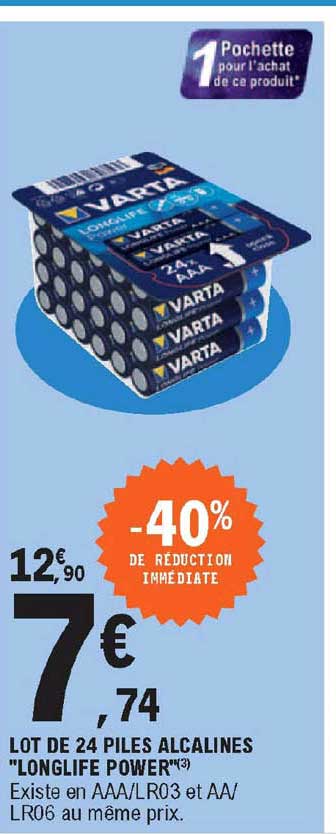 lot de 24 piles alcalines "longlife power"