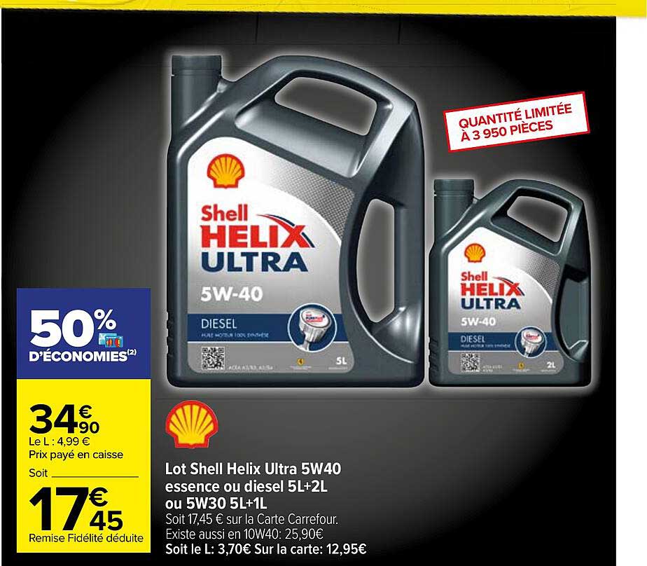 lot shell helix ultra 5w40 essence ou diesel 5l + 2l ou 5w30 5l+1l