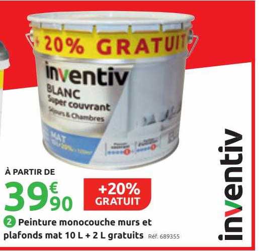 peinture monocouche murs et plafonds mat 10 l + 2 l gratuits inventiv