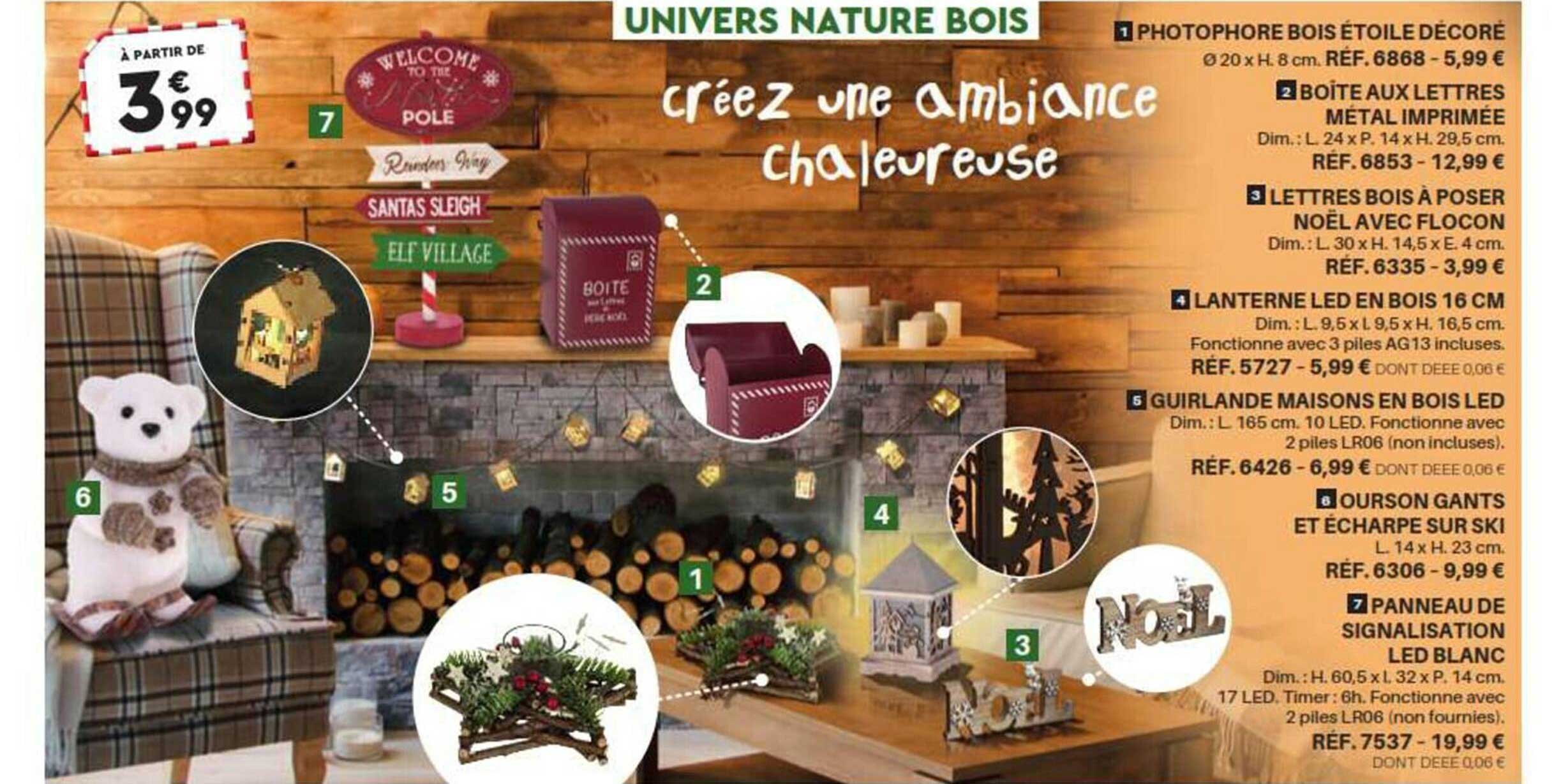 photophore bois étoile décoré, boîte aux lettres métal imprimée, lettres bois à poser noël avec flocon, lanterne led en bois 16 cm, guirlande maisons en bois led, ourson gants et écharpe sur ski