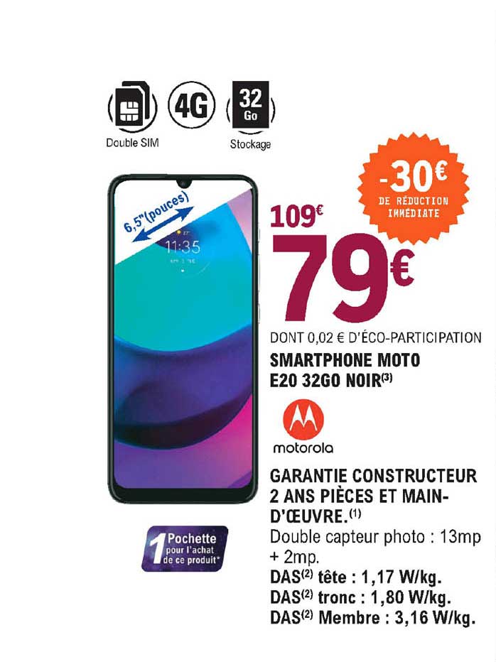 smartphone moto e20 32go noir motorola