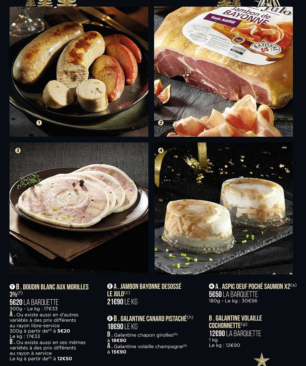 boudin blanc aux morilles, jambon bayonne désosse le julo, galantine canard pistaché, aspic oeuf poché saumon, galantine volaille cochonnette