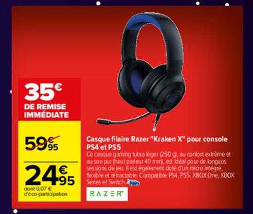 casque filaire razer "kraken x" pour console ps4 et ps5