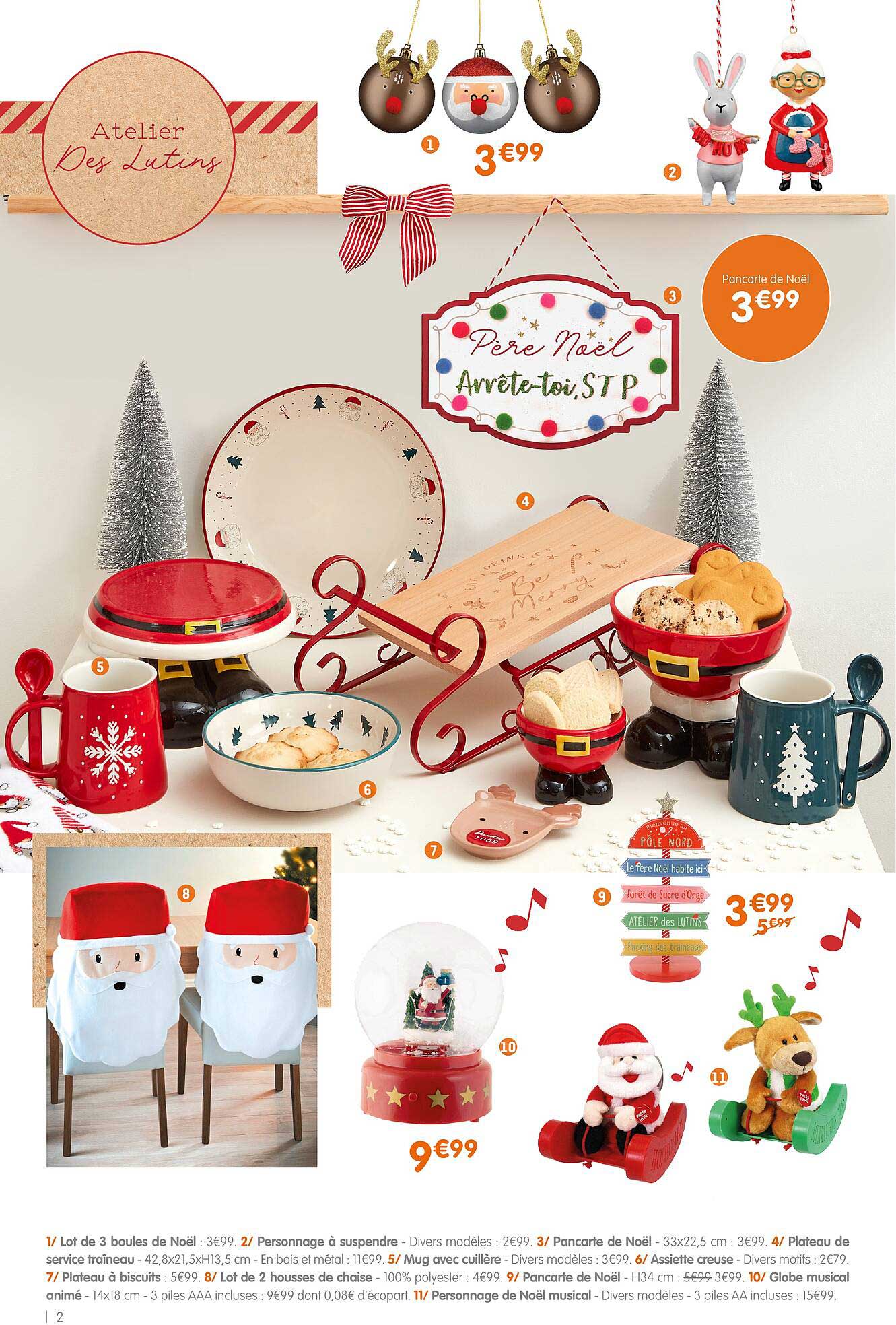 lot de 3 boules de noël, personnage à suspendre, pancarte de noël, plateau de service traîneau, mug avec cuillère, assiette creuse, plateau à biscuits, lot de deux housses de chaise, pancarte de noël