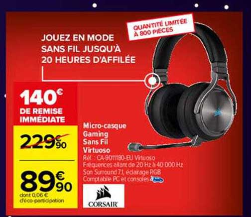micro-casque gaming sans fil virtuoso corsair
