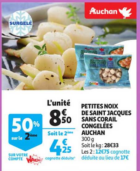 petites noix de saint jacques sans corail congelées auchan