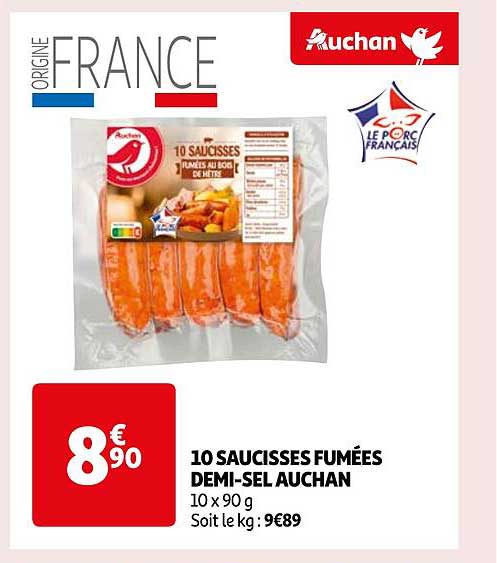 10 saucisses fumées demi-sel auchan