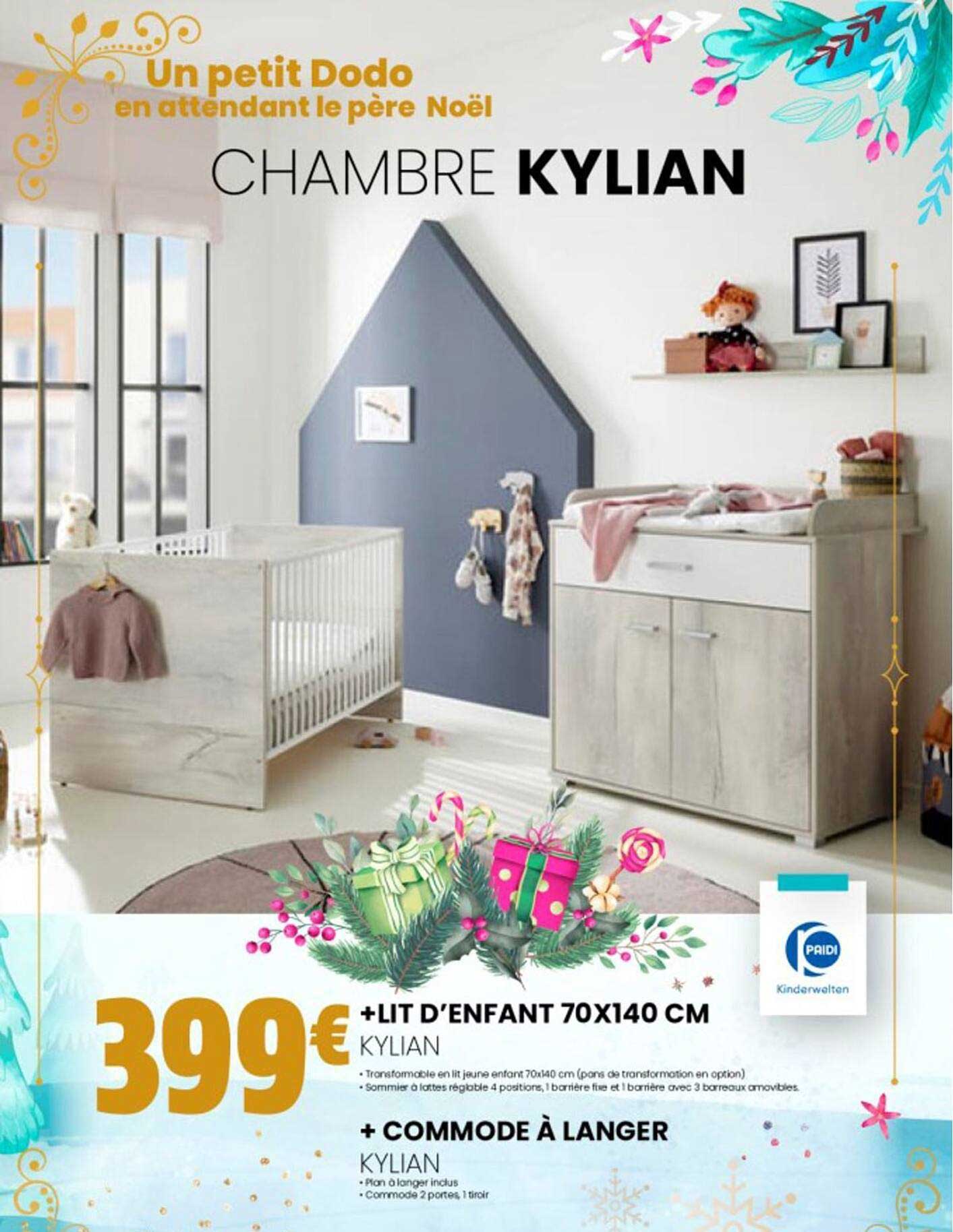 chambre kylian : lit d'enfant 70 x 140 cm + commode à langer kylian