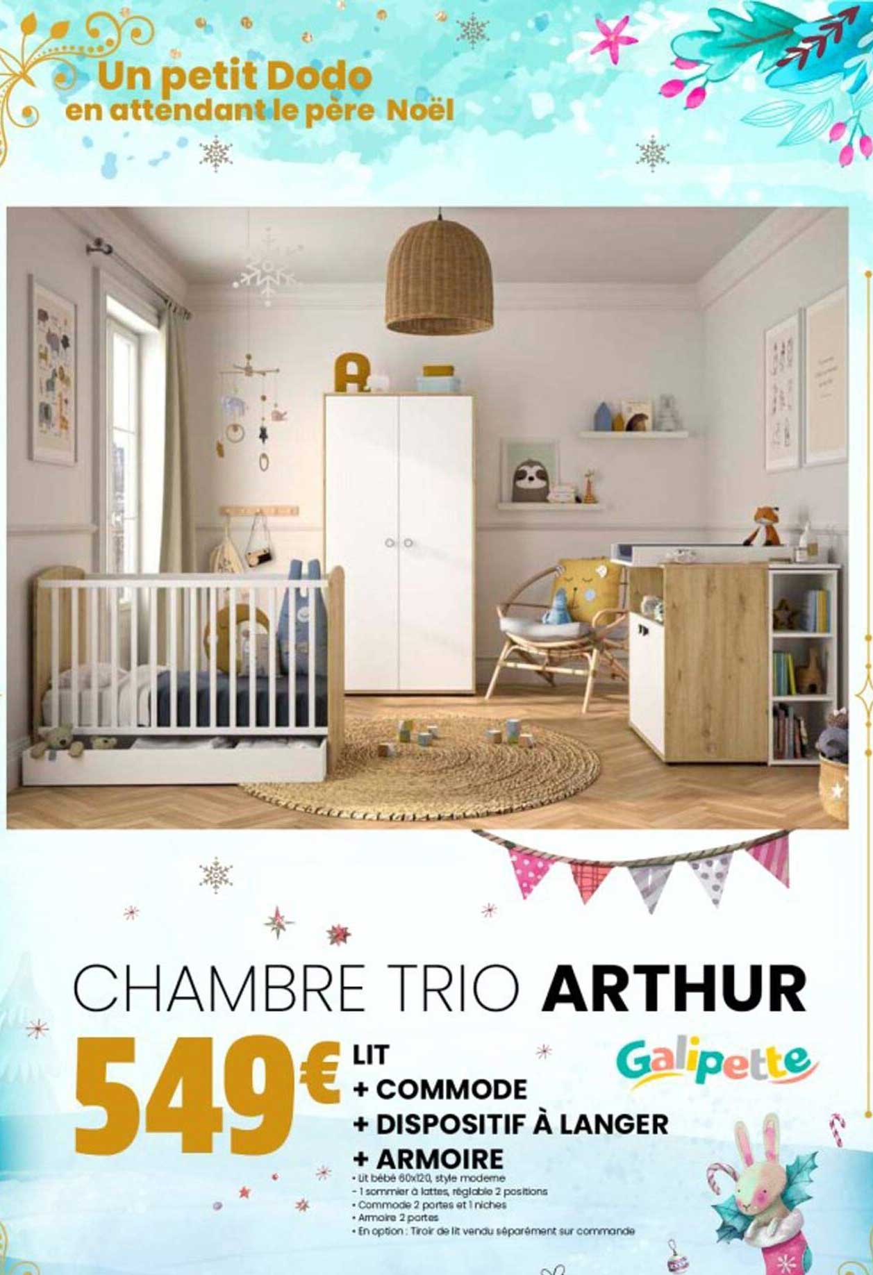 chambre trio arthur : lit + commode + dispositif à langer + armoire