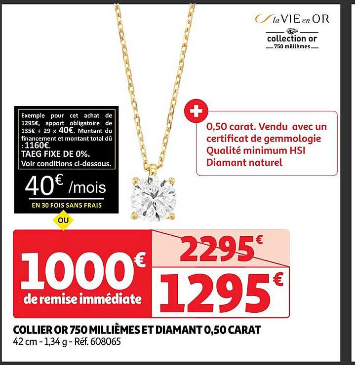 collier or 750 millièmes et diamant 0,50 carat