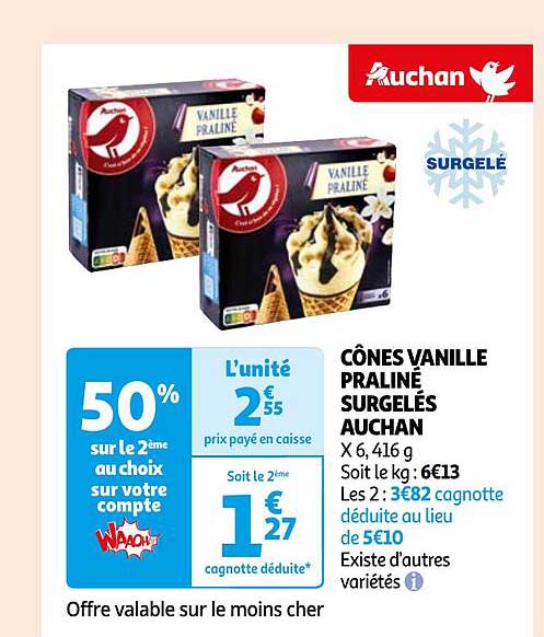 Cônes Vanille Praliné Surgelés Auchan