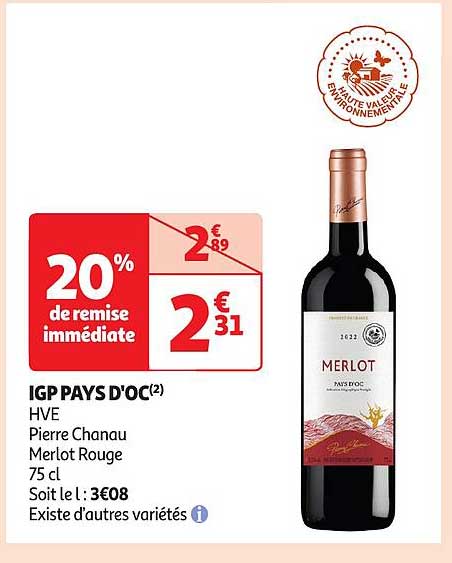 igp pays d'oc hve pierre chanau merlot rouge