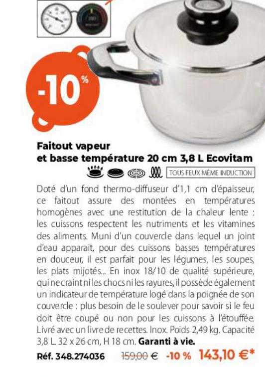 faitout vapeur et basse température 20 cm 3,8 l écovitam