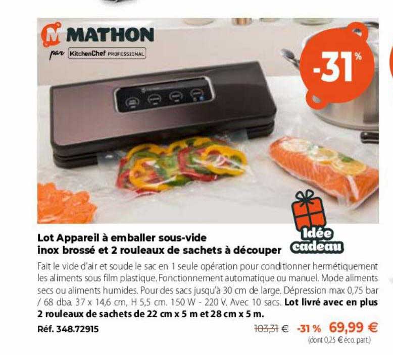 lot appareil à emballer sous-vide inox brossé et 2 rouleaux de sachets à découper