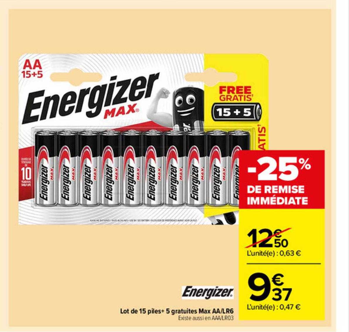 lot de 15 piles + 5 gratuites max a-lr6 energizer
