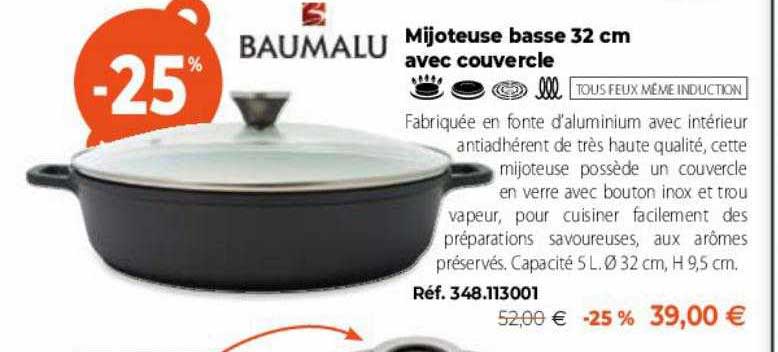 mijoteuse basse 32 cm avec couvercle baumalu