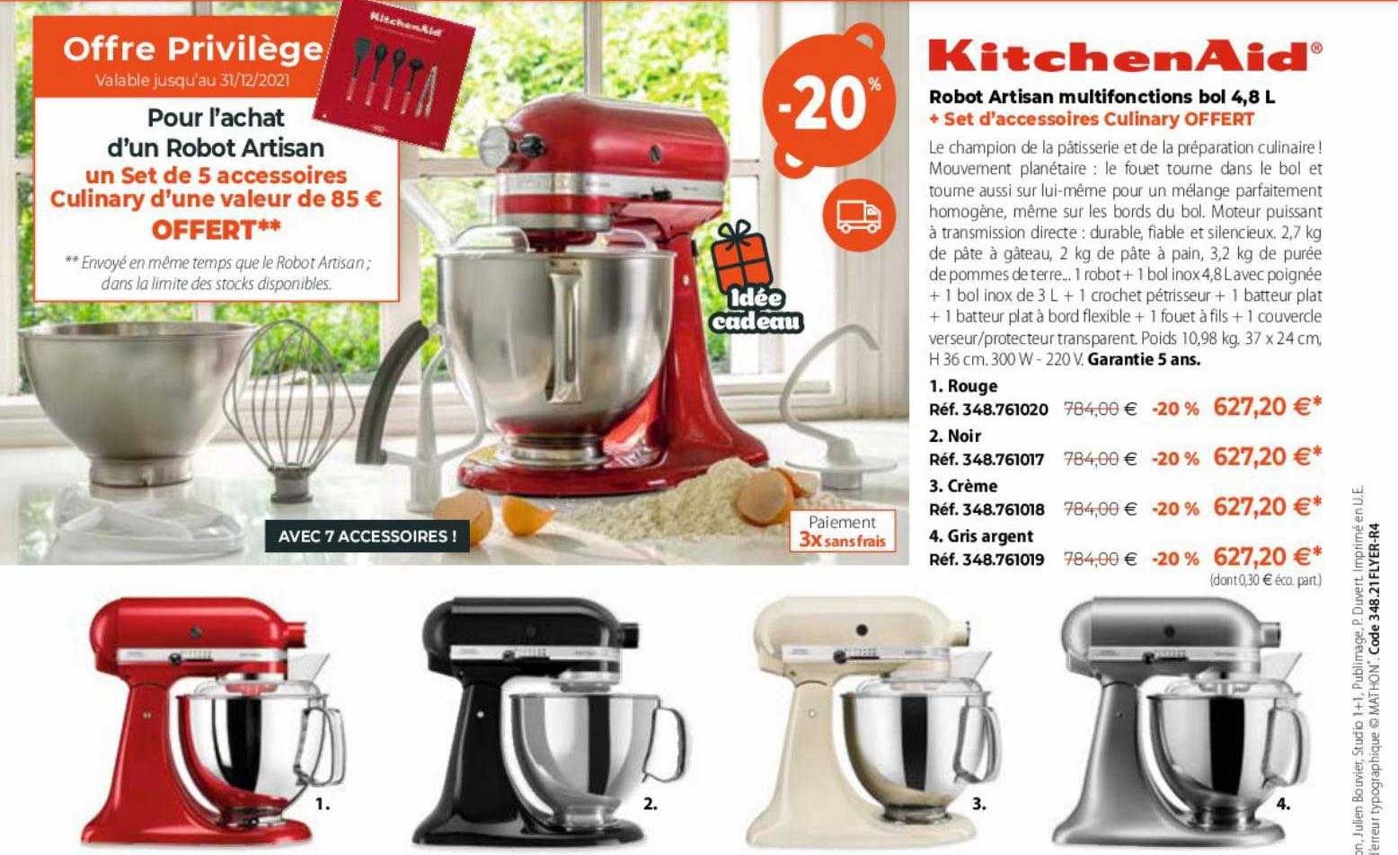 robot artisan multifonctions bol 4,8 l + set d'accessoires culinary offert kitchenAid