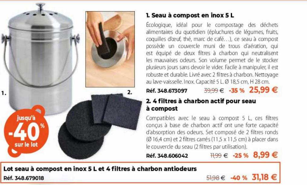 Seau à Compost En Inox 5 L, 4 Filtres à Charbon Actif Pour Seau à Compost,