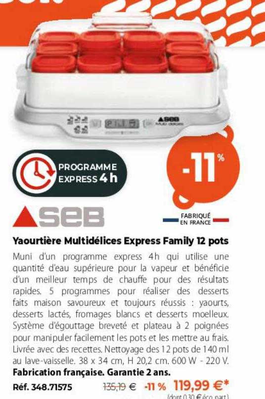 yaourtière multidélices express family 12 pots seb