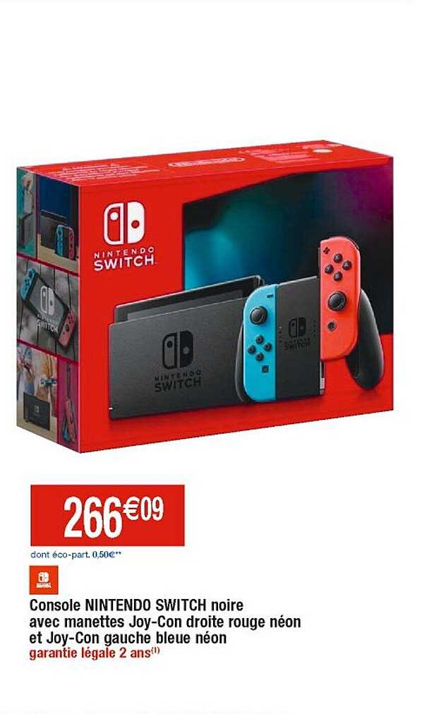 console nintendo switch noire avec manettes joy-con droite rouge néon et joy-con gauche bleue néon